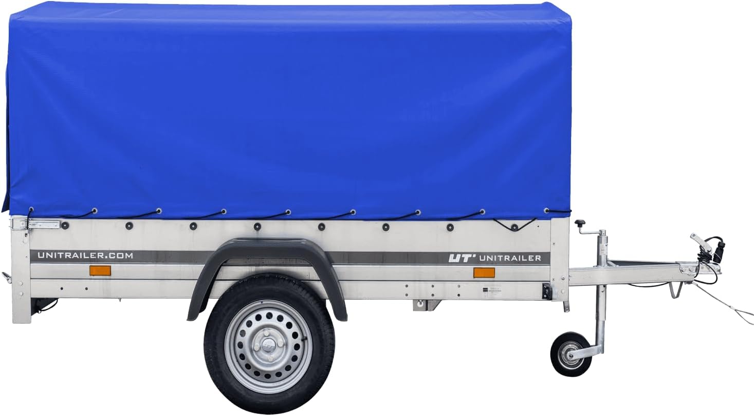 UNITRAILER PKW-Anhänger 230 x 125 cm Garden Trailer 230 kippbar 750 kg mit Stützrad, blauer Plane und hohem Spriegel
