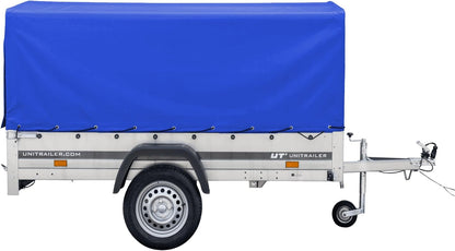 UNITRAILER PKW-Anhänger 230 x 125 cm Garden Trailer 230 kippbar 750 kg mit Stützrad, blauer Plane und hohem Spriegel