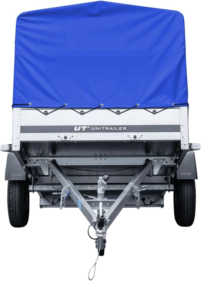 UNITRAILER PKW-Anhänger 230 x 125 cm Garden Trailer 230 kippbar 750 kg mit Stützrad, blauer Plane und hohem Spriegel