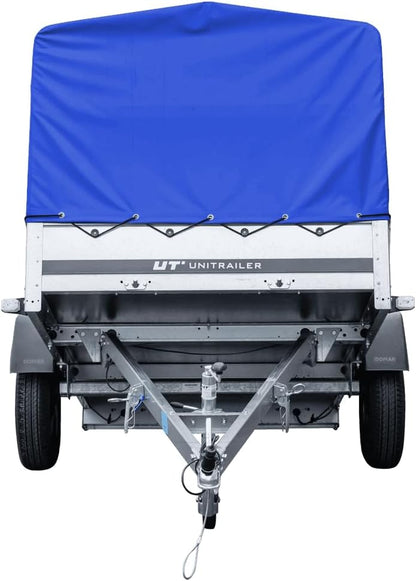 UNITRAILER PKW-Anhänger 230 x 125 cm Garden Trailer 230 kippbar 750 kg mit Stützrad, blauer Plane und hohem Spriegel