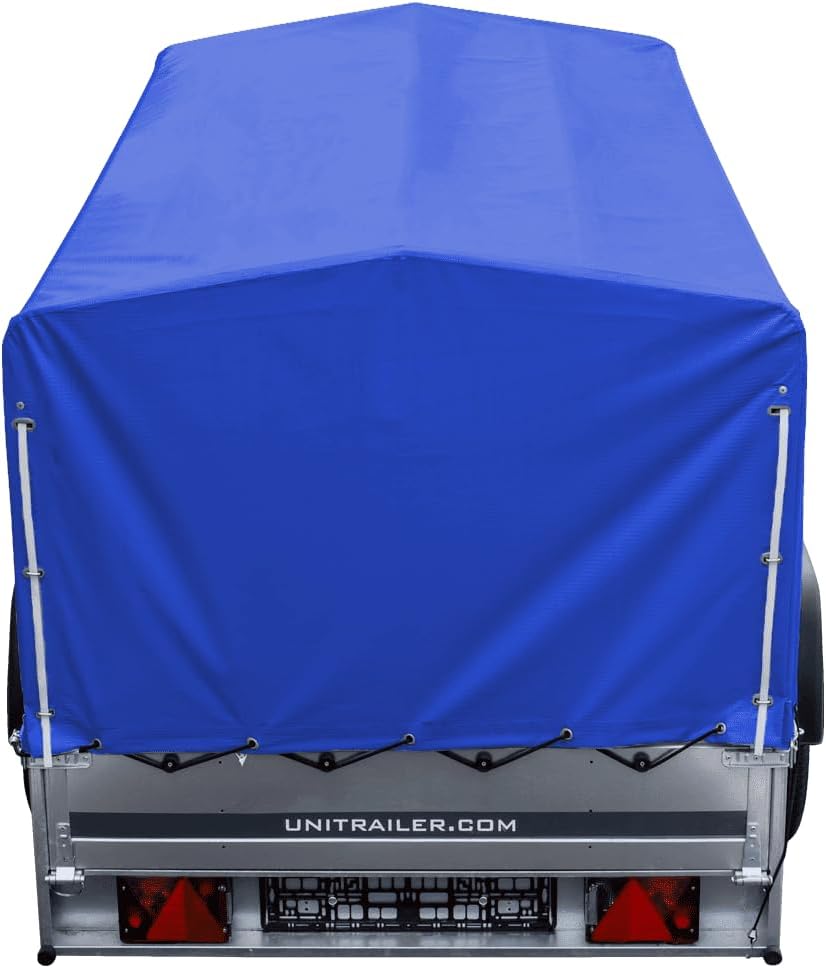 UNITRAILER PKW-Anhänger 230 x 125 cm Garden Trailer 230 kippbar 750 kg mit Stützrad, blauer Plane und hohem Spriegel
