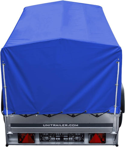 UNITRAILER PKW-Anhänger 230 x 125 cm Garden Trailer 230 kippbar 750 kg mit Stützrad, blauer Plane und hohem Spriegel