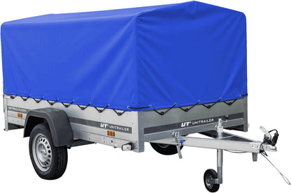 UNITRAILER PKW-Anhänger 230 x 125 cm Garden Trailer 230 kippbar 750 kg mit Stützrad, blauer Plane und hohem Spriegel