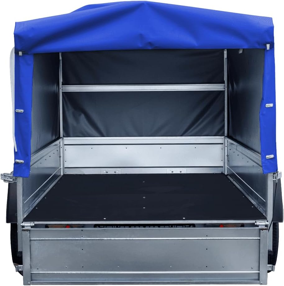 UNITRAILER PKW-Anhänger 230 x 125 cm Garden Trailer 230 kippbar 750 kg mit Stützrad, blauer Plane und hohem Spriegel