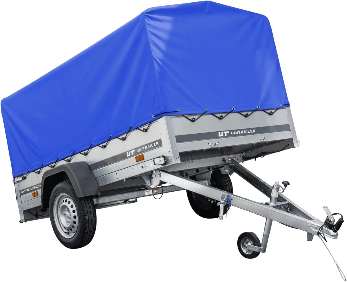 UNITRAILER PKW-Anhänger 230 x 125 cm Garden Trailer 230 kippbar 750 kg mit Stützrad, blauer Plane und hohem Spriegel