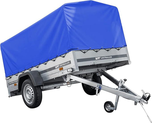 UNITRAILER PKW-Anhänger 230 x 125 cm Garden Trailer 230 kippbar 750 kg mit Stützrad, blauer Plane und hohem Spriegel
