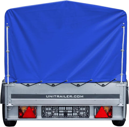 UNITRAILER PKW-Anhänger 230 x 125 cm Garden Trailer 230 kippbar 750 kg mit Stützrad, blauer Plane und hohem Spriegel