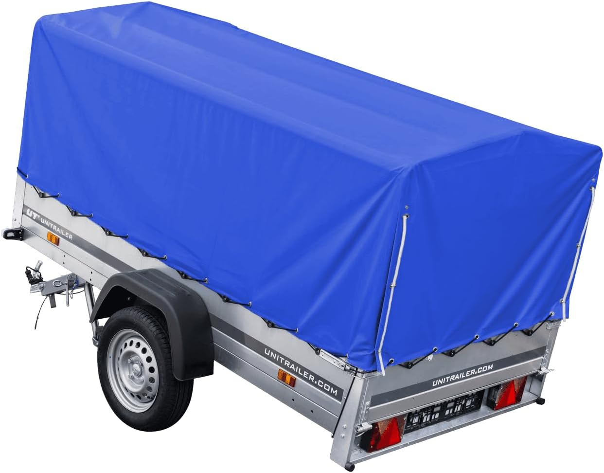 UNITRAILER PKW-Anhänger 230 x 125 cm Garden Trailer 230 kippbar 750 kg mit Stützrad, blauer Plane und hohem Spriegel