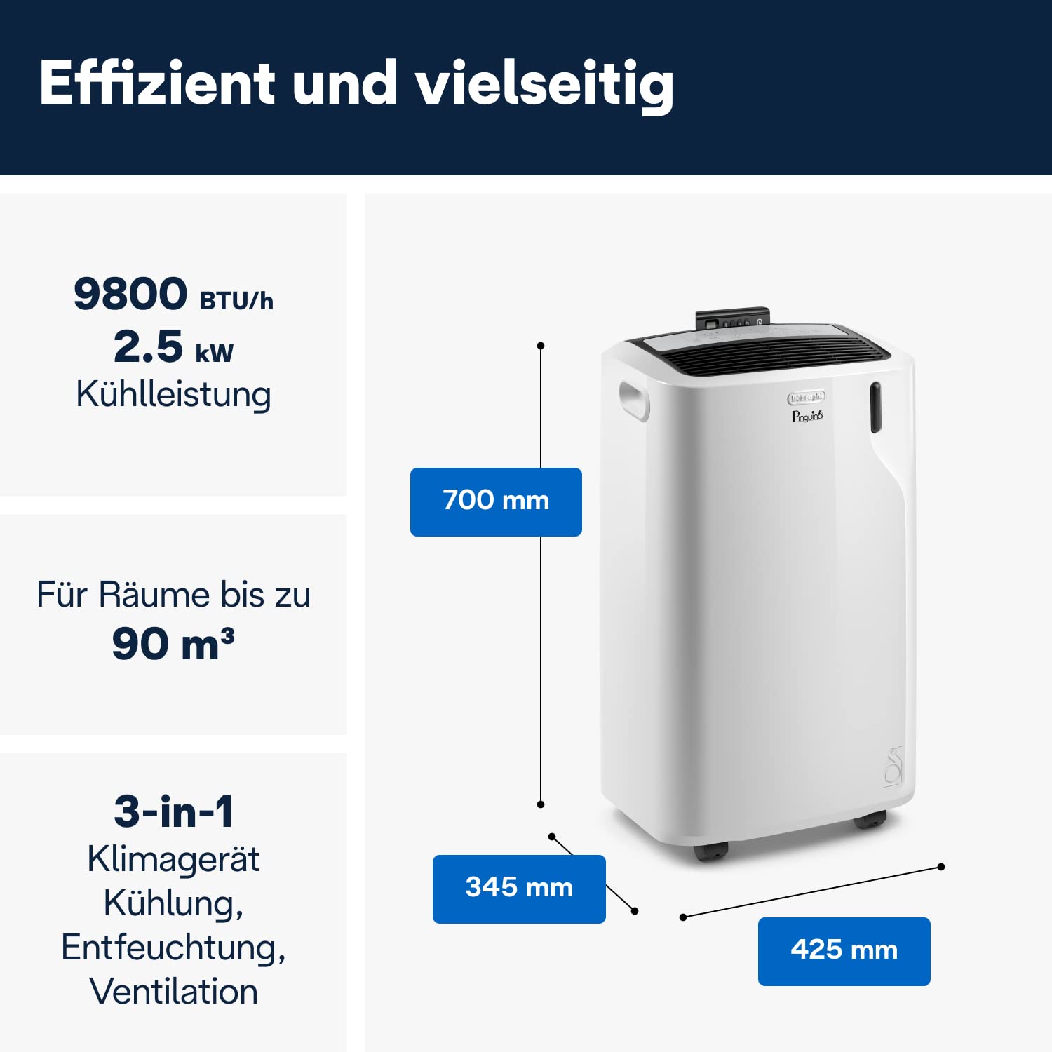 De'Longhi Pinguino - Mobiles 3-in-1 Klimagerät, für Räume bis 27 m²