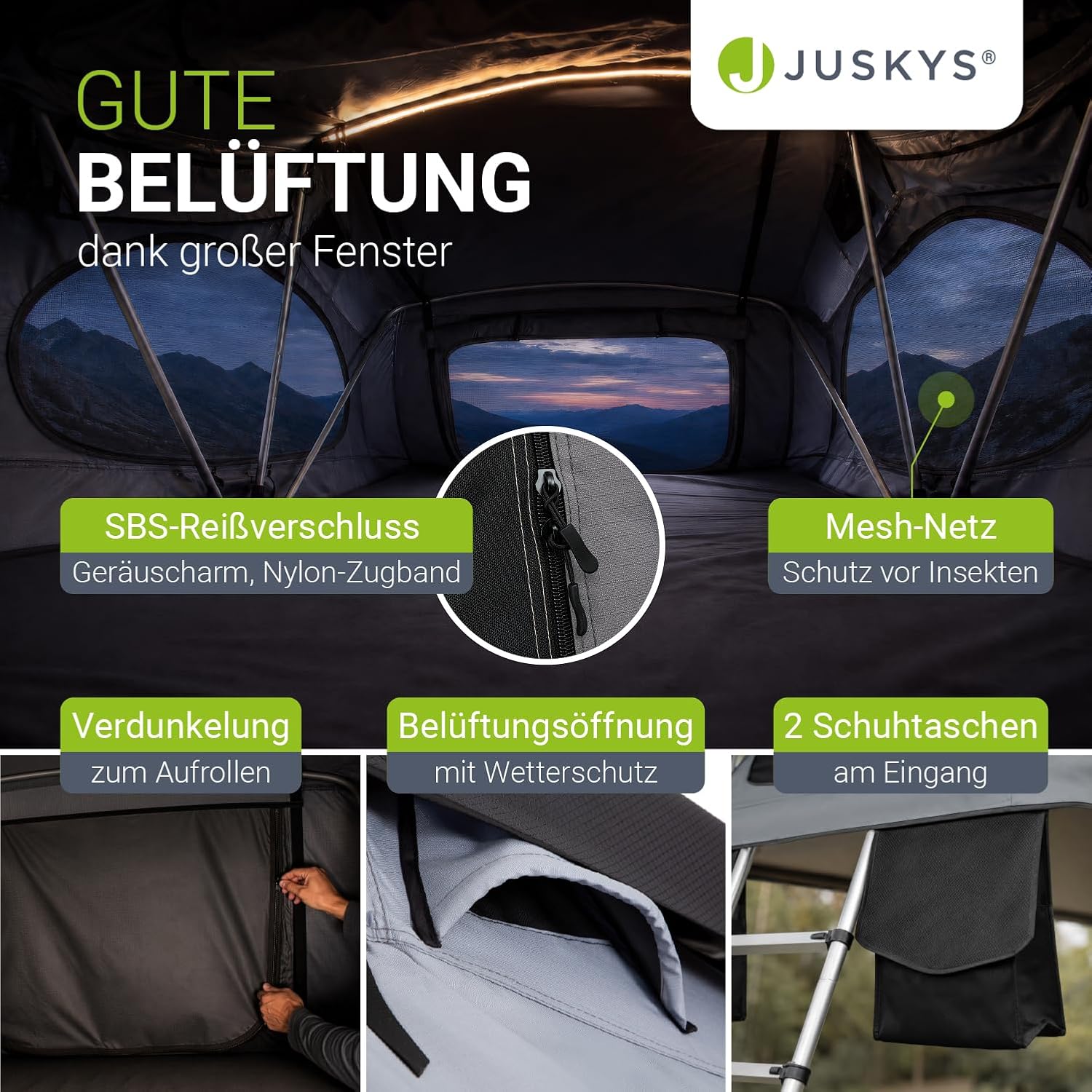 Juskys Autodachzelt Lago – Robuste Konstruktion, wasserabweisend & UV-Schutz, Dachzelt, Camping, LED-Beleuchtung