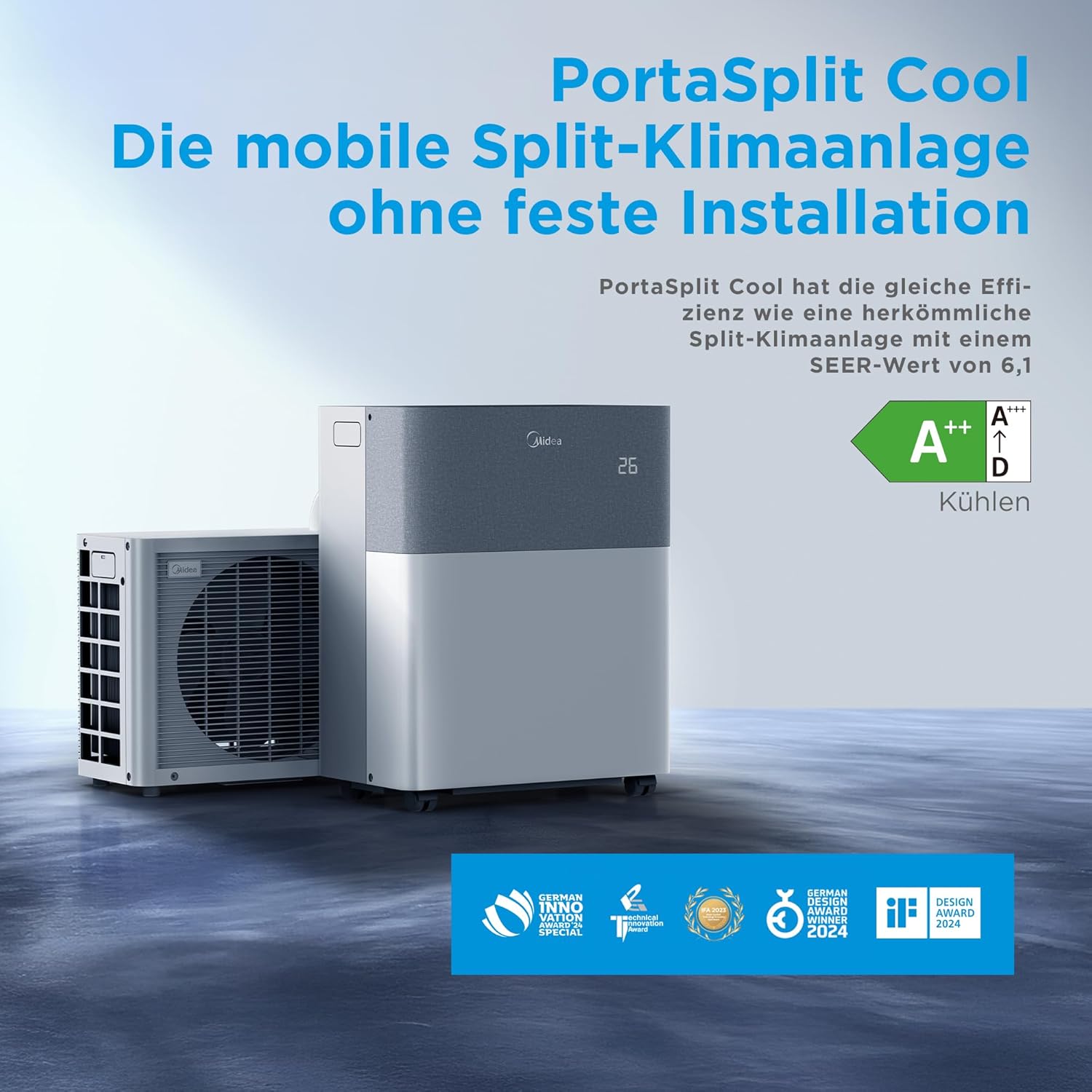 Midea Portasplit Cool Mobiles Klimagerät, nur Kühlen, A++, 8000 BTU 2,3 kW
