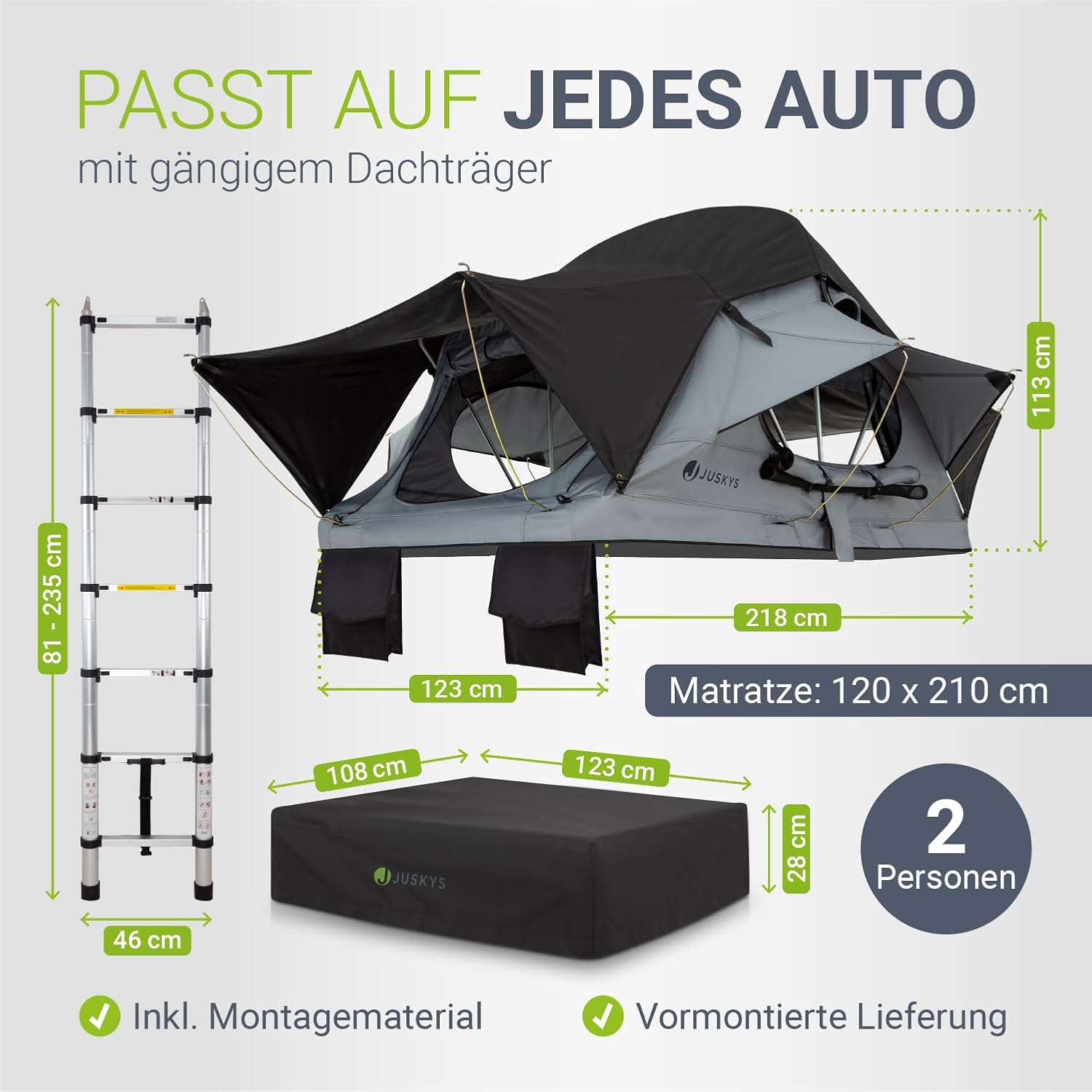 Juskys Autodachzelt Lago – Robuste Konstruktion, wasserabweisend & UV-Schutz, Dachzelt, Camping, LED-Beleuchtung