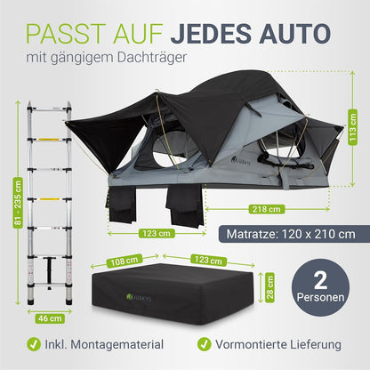 Juskys Autodachzelt Lago – Robuste Konstruktion, wasserabweisend & UV-Schutz, Dachzelt, Camping, LED-Beleuchtung