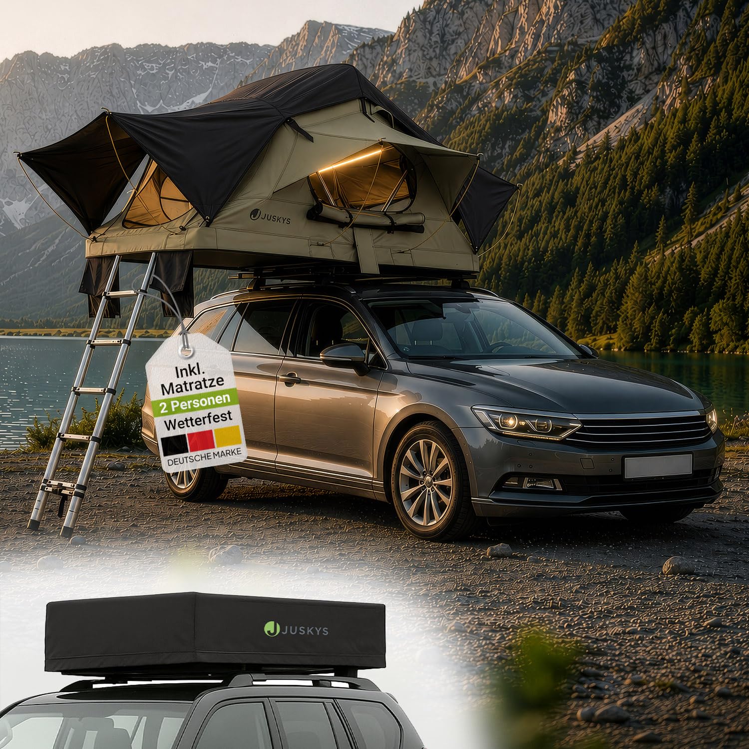 Juskys Autodachzelt Lago – Robuste Konstruktion, wasserabweisend & UV-Schutz, Dachzelt, Camping, LED-Beleuchtung