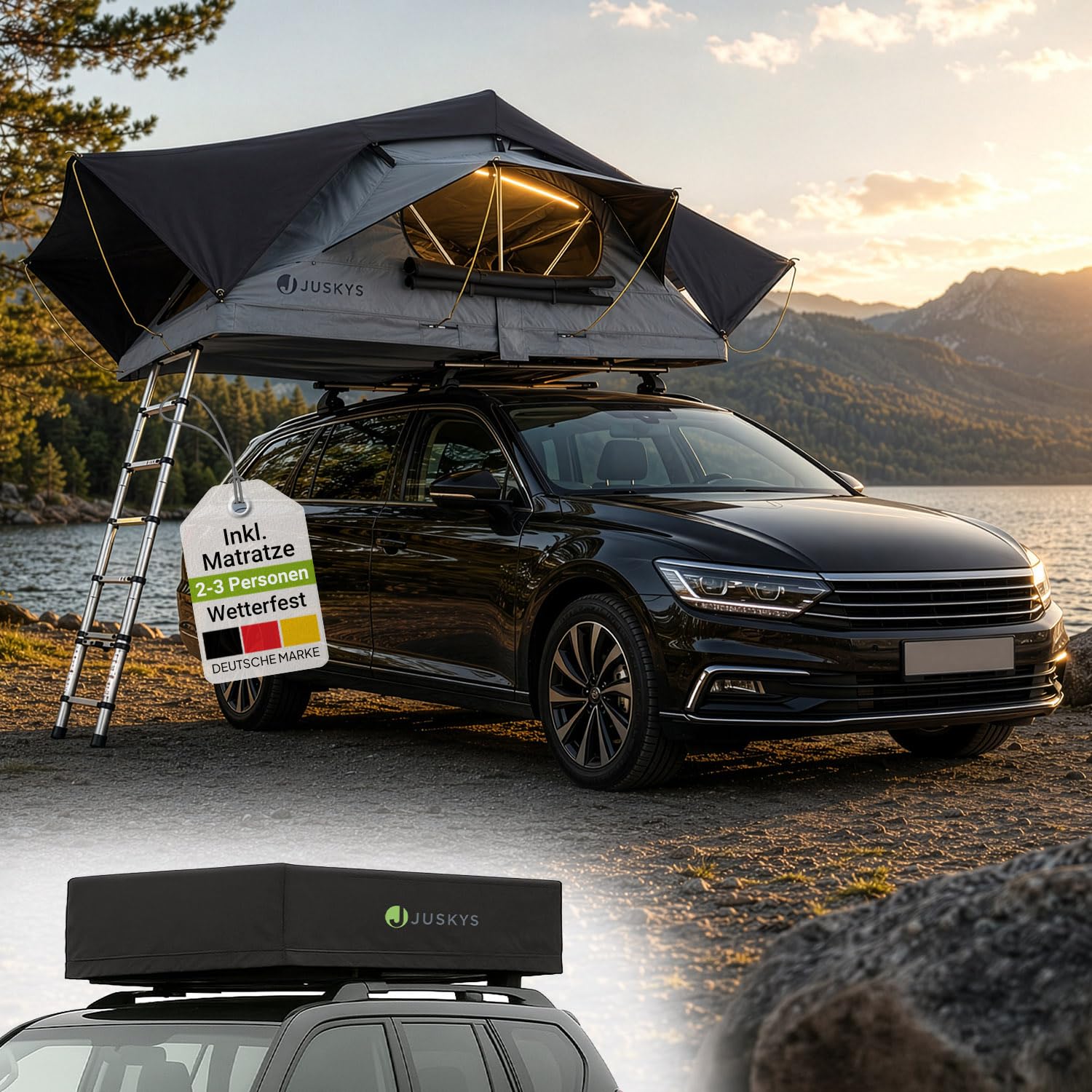 Juskys Autodachzelt Lago – Robuste Konstruktion, wasserabweisend & UV-Schutz, Dachzelt, Camping, LED-Beleuchtung