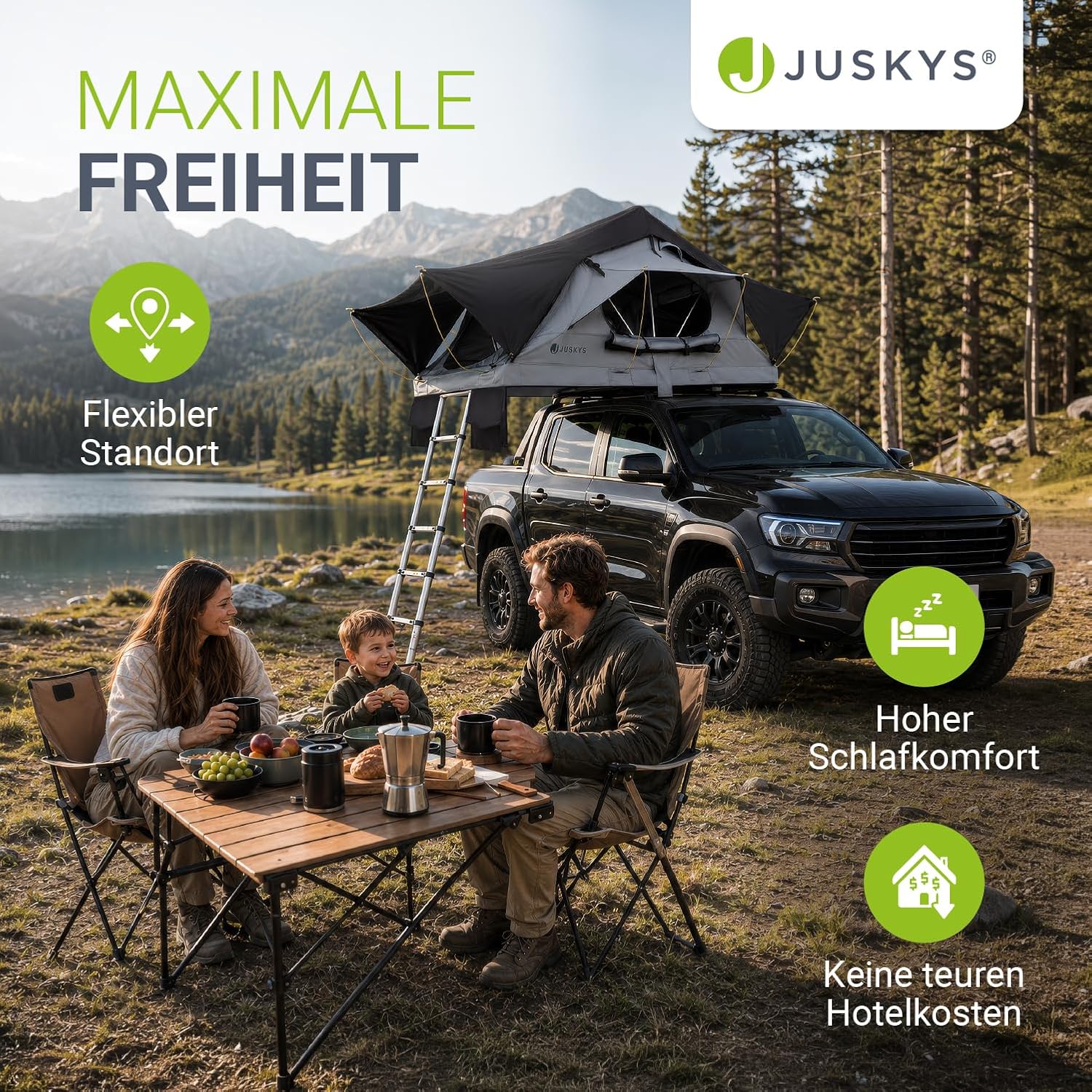 Juskys Autodachzelt Lago – Robuste Konstruktion, wasserabweisend & UV-Schutz, Dachzelt, Camping, LED-Beleuchtung