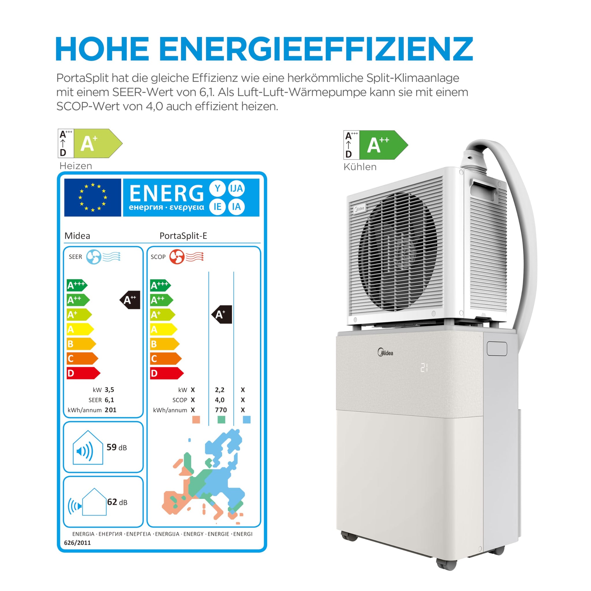 Midea PortaSplit-E Mobiles Klimagerät, Kühlen A++/Heizen A+