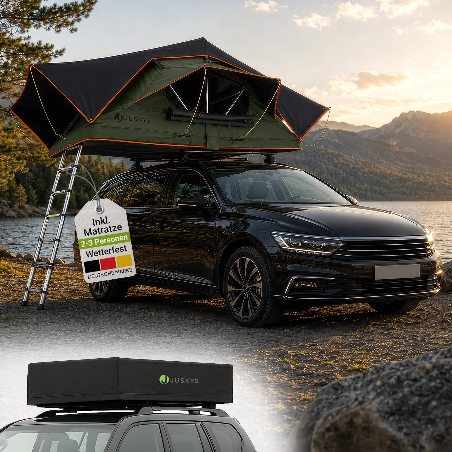 Juskys Autodachzelt Lago – Robuste Konstruktion, wasserabweisend & UV-Schutz, Dachzelt, Camping, LED-Beleuchtung