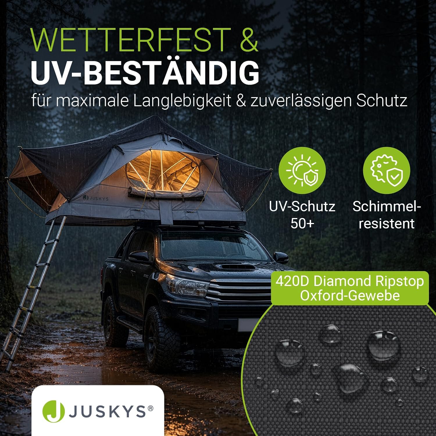 Juskys Autodachzelt Lago – Robuste Konstruktion, wasserabweisend & UV-Schutz, Dachzelt, Camping, LED-Beleuchtung