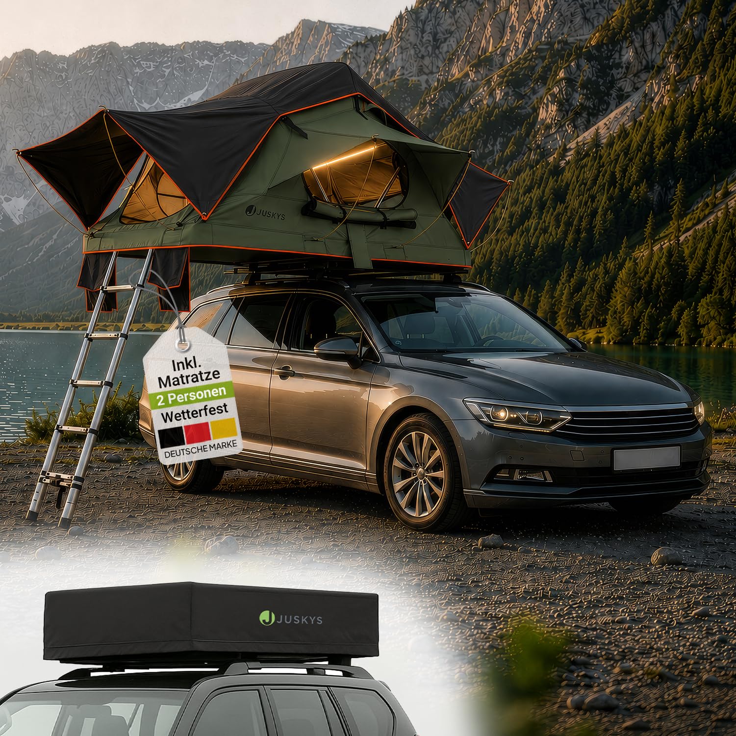 Juskys Autodachzelt Lago – Robuste Konstruktion, wasserabweisend & UV-Schutz, Dachzelt, Camping, LED-Beleuchtung