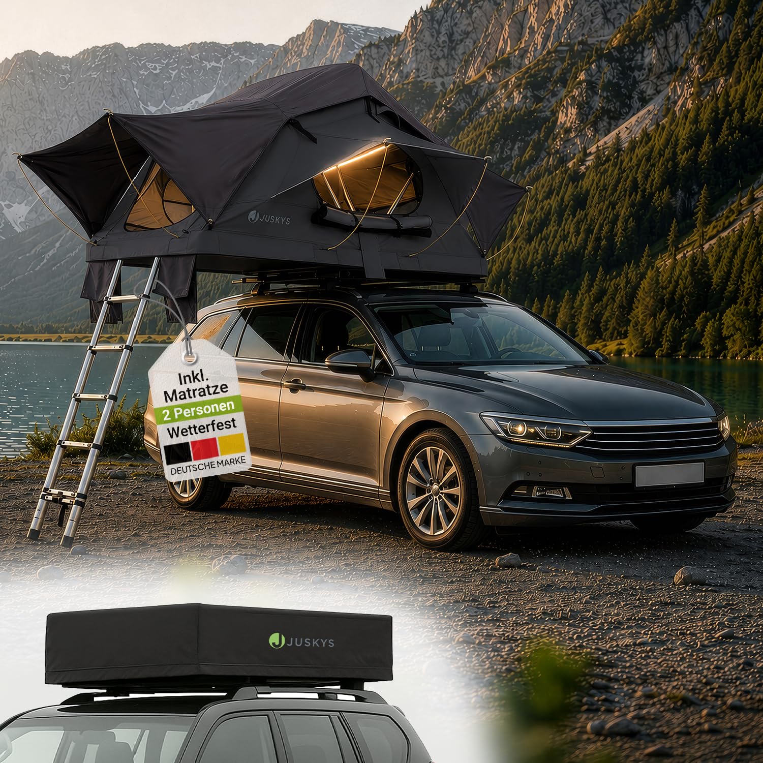 Juskys Autodachzelt Lago – Robuste Konstruktion, wasserabweisend & UV-Schutz, Dachzelt, Camping, LED-Beleuchtung