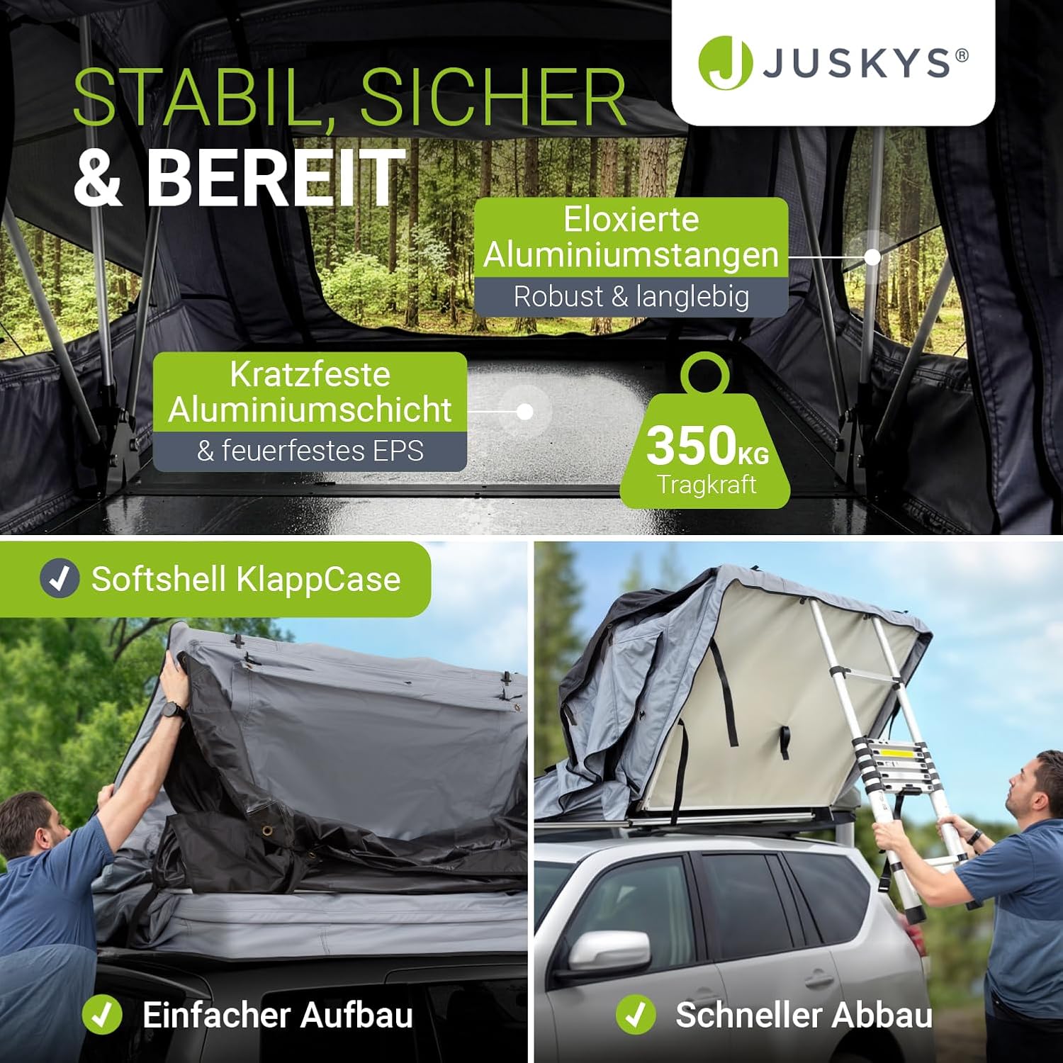 Juskys Autodachzelt Lago – Robuste Konstruktion, wasserabweisend & UV-Schutz, Dachzelt, Camping, LED-Beleuchtung