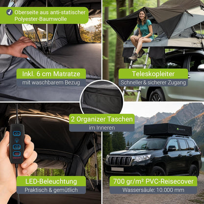 Juskys Autodachzelt Lago – Robuste Konstruktion, wasserabweisend & UV-Schutz, Dachzelt, Camping, LED-Beleuchtung